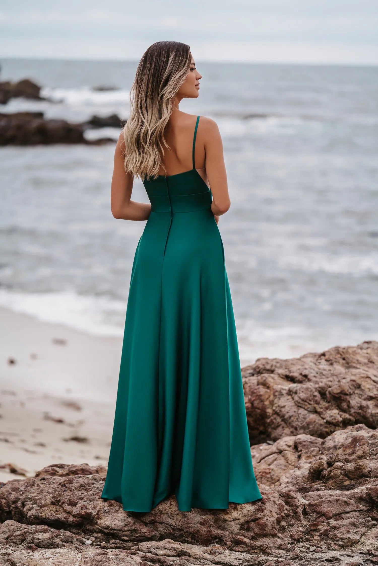 Glamorous A-Line Square Neck Spaghetti-Strap Zip Back Long Bridesmaid Dresses