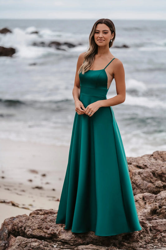 Glamorous A-Line Square Neck Spaghetti-Strap Zip Back Long Bridesmaid Dresses
