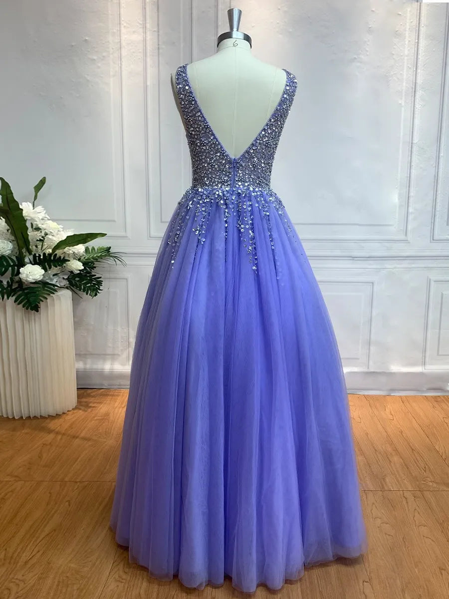 Glamorous Ballgown Deep V-Neck Sleeveless Open Back Floor-Length Evening Dresses