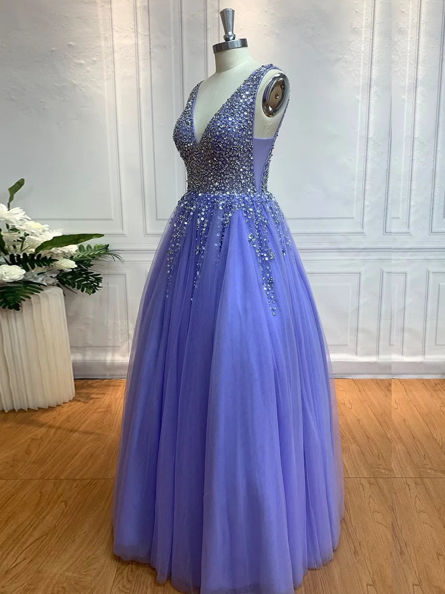 Glamorous Ballgown Deep V-Neck Sleeveless Open Back Floor-Length Evening Dresses