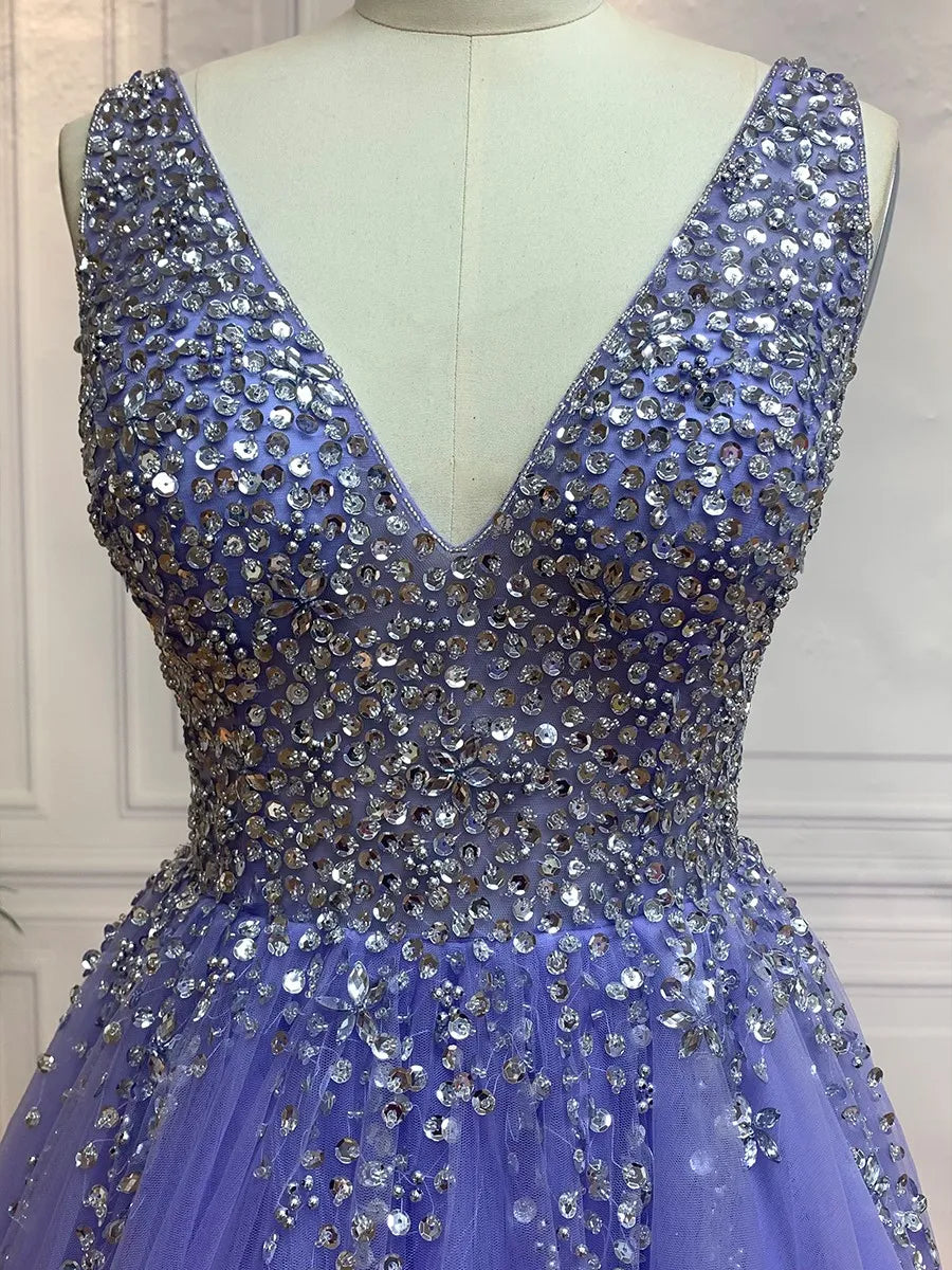 Glamorous Ballgown Deep V-Neck Sleeveless Open Back Floor-Length Evening Dresses