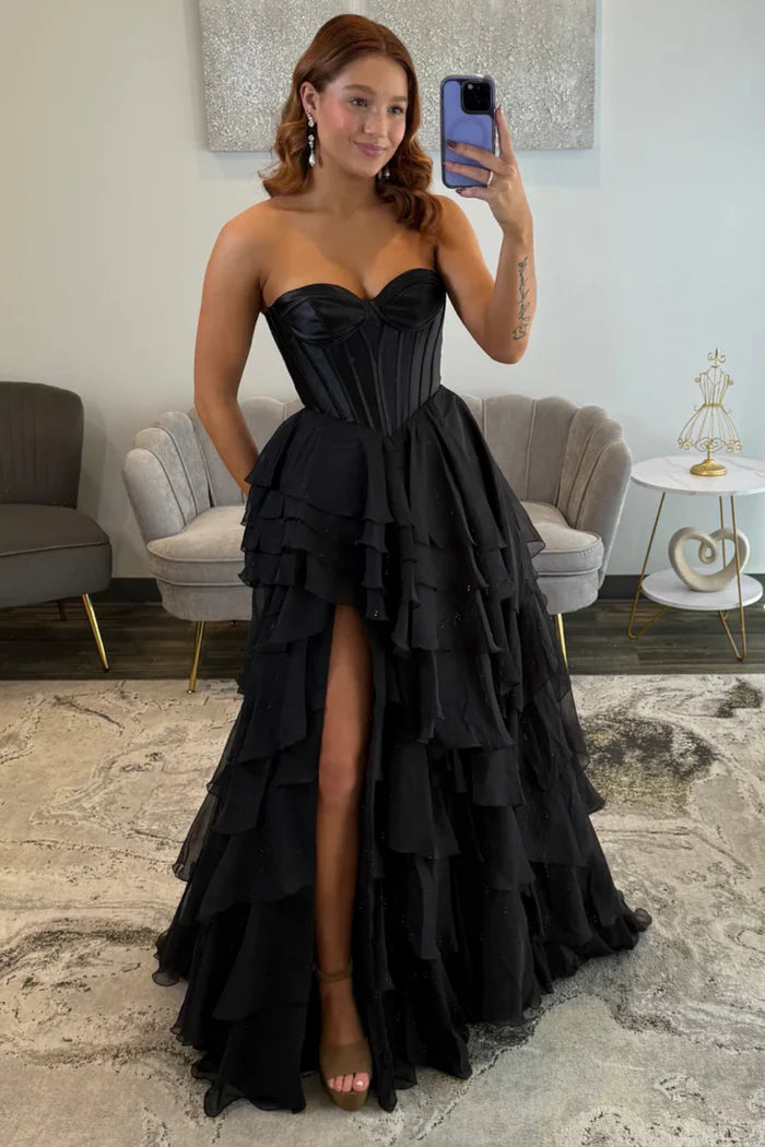 Glamorous Ballgown Sweetheart Neck Strapless Lace Up Back Long Pleated Ruffles Tiered High Side Slit Prom Dresses
