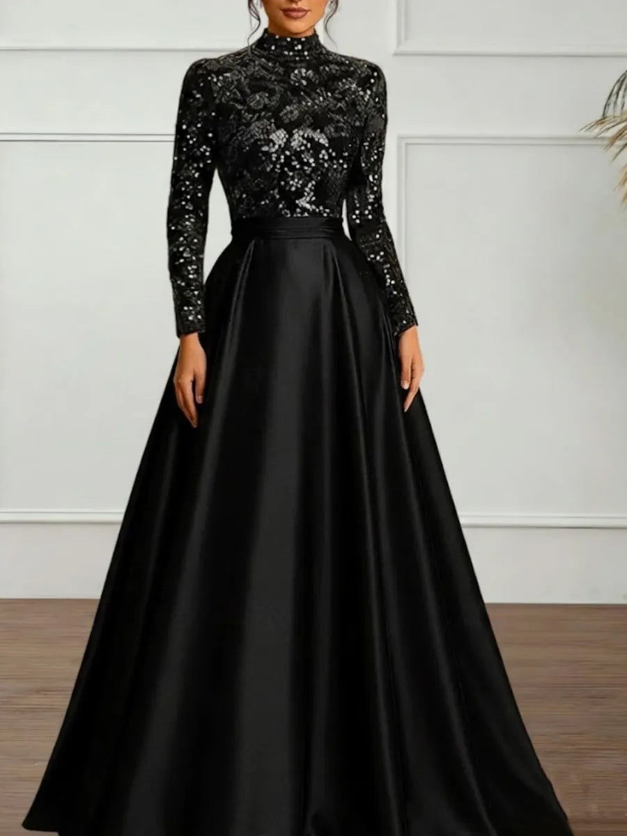 Glamorous Ballgown Turtleneck Long-Sleeve Sequin Back Train-Length Evening Dresses