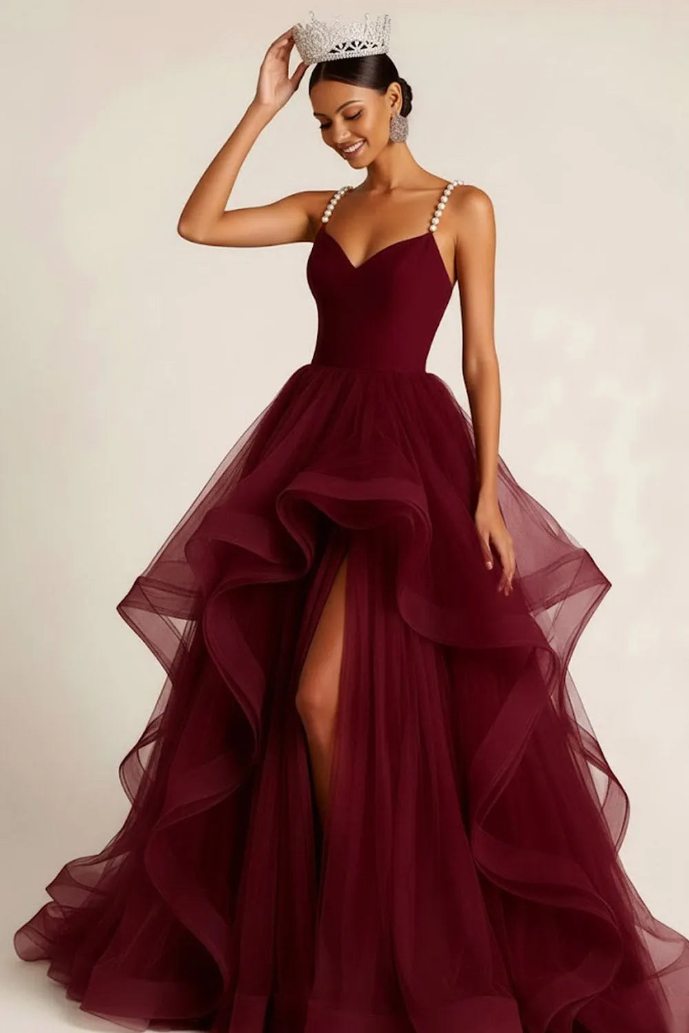 Glamorous Burgundy Ballgown Sweetheart Neck Pearl Strap Solid Back Tulle Ruffled Floor Length Prom Dresses with Pearls