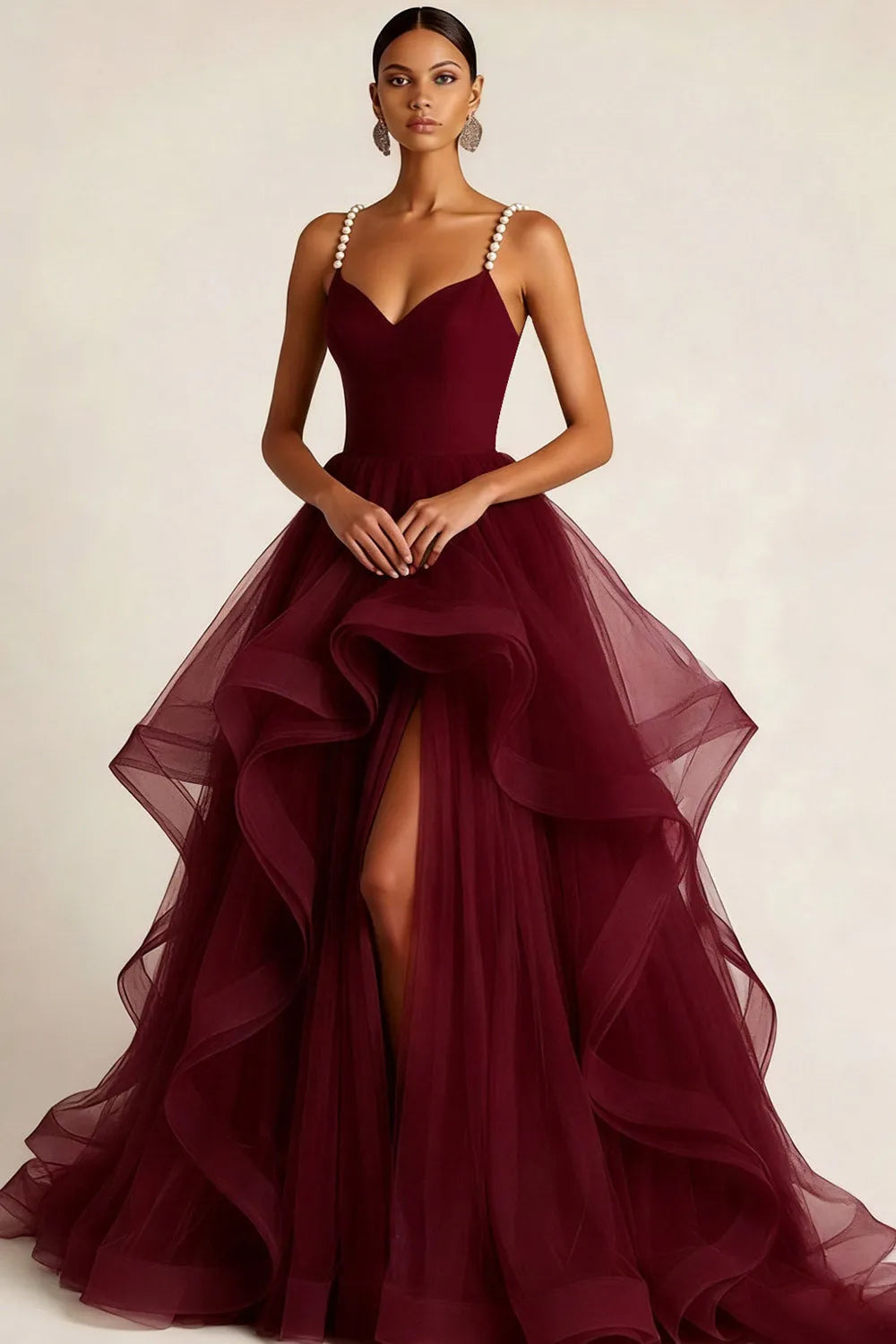 Glamorous Burgundy Ballgown Sweetheart Neck Pearl Strap Solid Back Tulle Ruffled Floor Length Prom Dresses with Pearls
