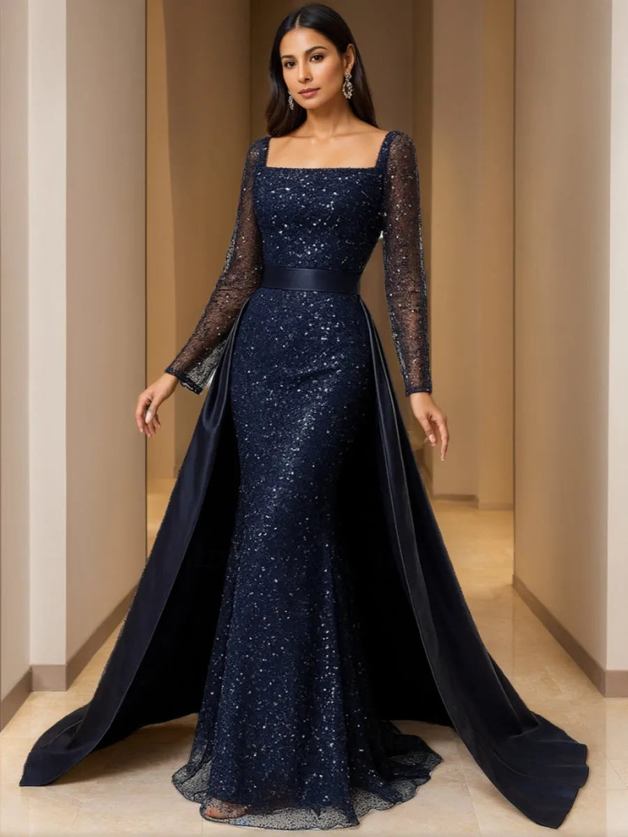Glamorous Convertible Mermaid Square Neck Long-Sleeve Sequin Back Floor-Length Evening Dresses