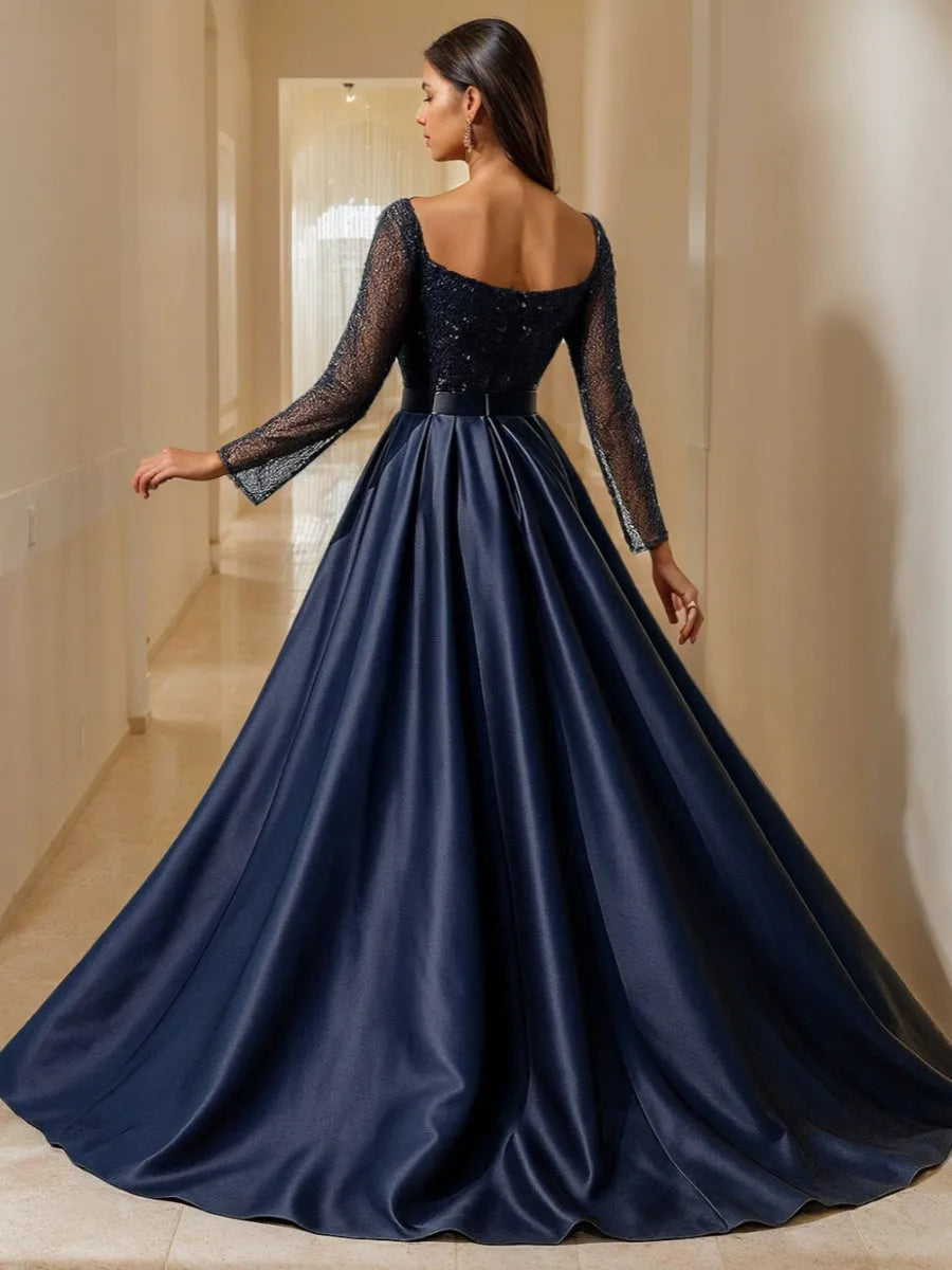 Glamorous Convertible Mermaid Square Neck Long-Sleeve Sequin Back Floor-Length Evening Dresses