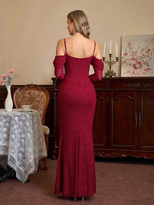 Glamorous Fitted Off-the-Shoulder Sheer Long Sleeve Sequin Mermaid Floor-Length Prom Dresses
