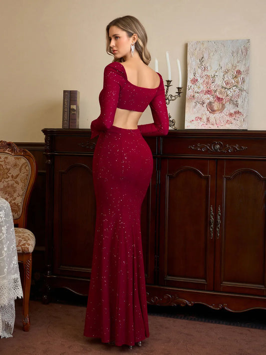 Glamorous Fitted Square Neck Long Sleeve Cutout Sequin Mermaid Floor-Length Prom Dresses
