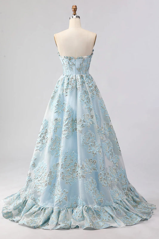 Glamorous Light Blue Ballgown Sweetheart Neck Strapless Zipper Back Ruffled Long Prom Dresses with Slit