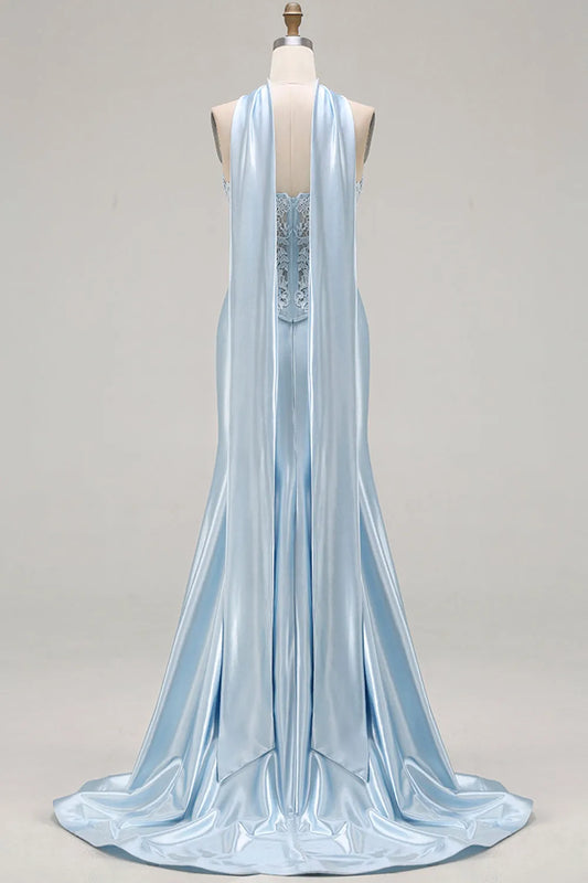 Glamorous Mermaid Halter Neck Sleeveless Lace Embellished Floor Length Prom Dresses