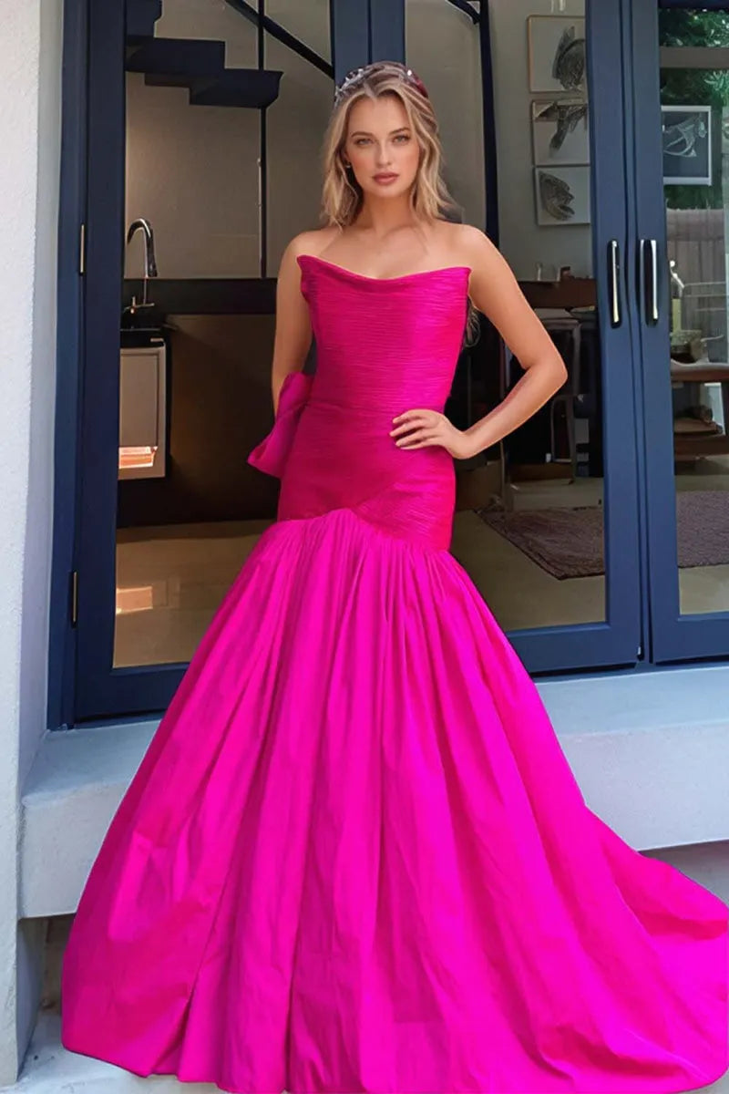 Glamorous Mermaid Strapless Sleeveless Bow Back Floor-Length Prom Dresses