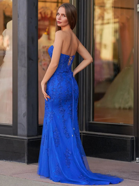 Glamorous Mermaid Sweetheart Neck Sleeveless Lace Up Back Floor Length Prom Dresses With Appliques
