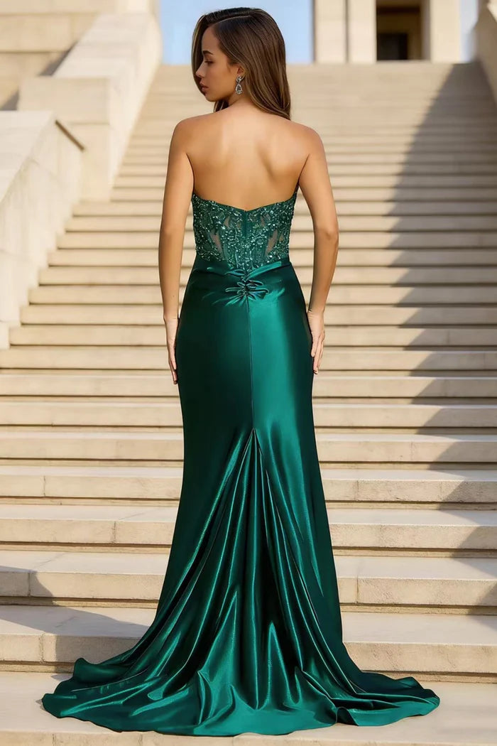 Glamorous Mermaid Sweetheart Neck Strapless Zipper Back Long Beaded Appliques High Side Slit Prom Dresses