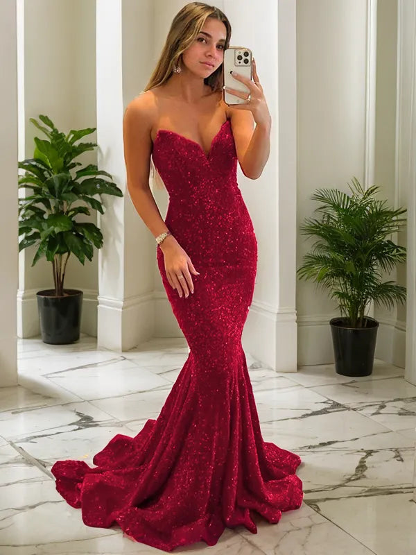 Glamorous Mermaid Sweetheart Strapless Open Back Train-Length Evening Dresses