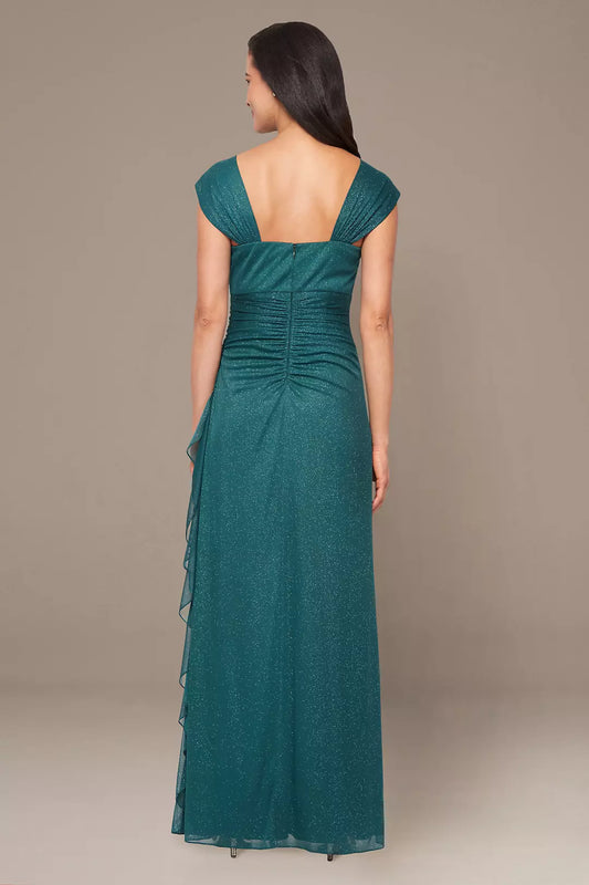 Glamorous Sheath Scoop Neck Cap-Sleeve Ruched Back Floor-Length Evening Dresses