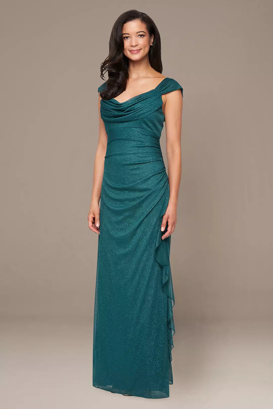 Glamorous Sheath Scoop Neck Cap-Sleeve Ruched Back Floor-Length Evening Dresses