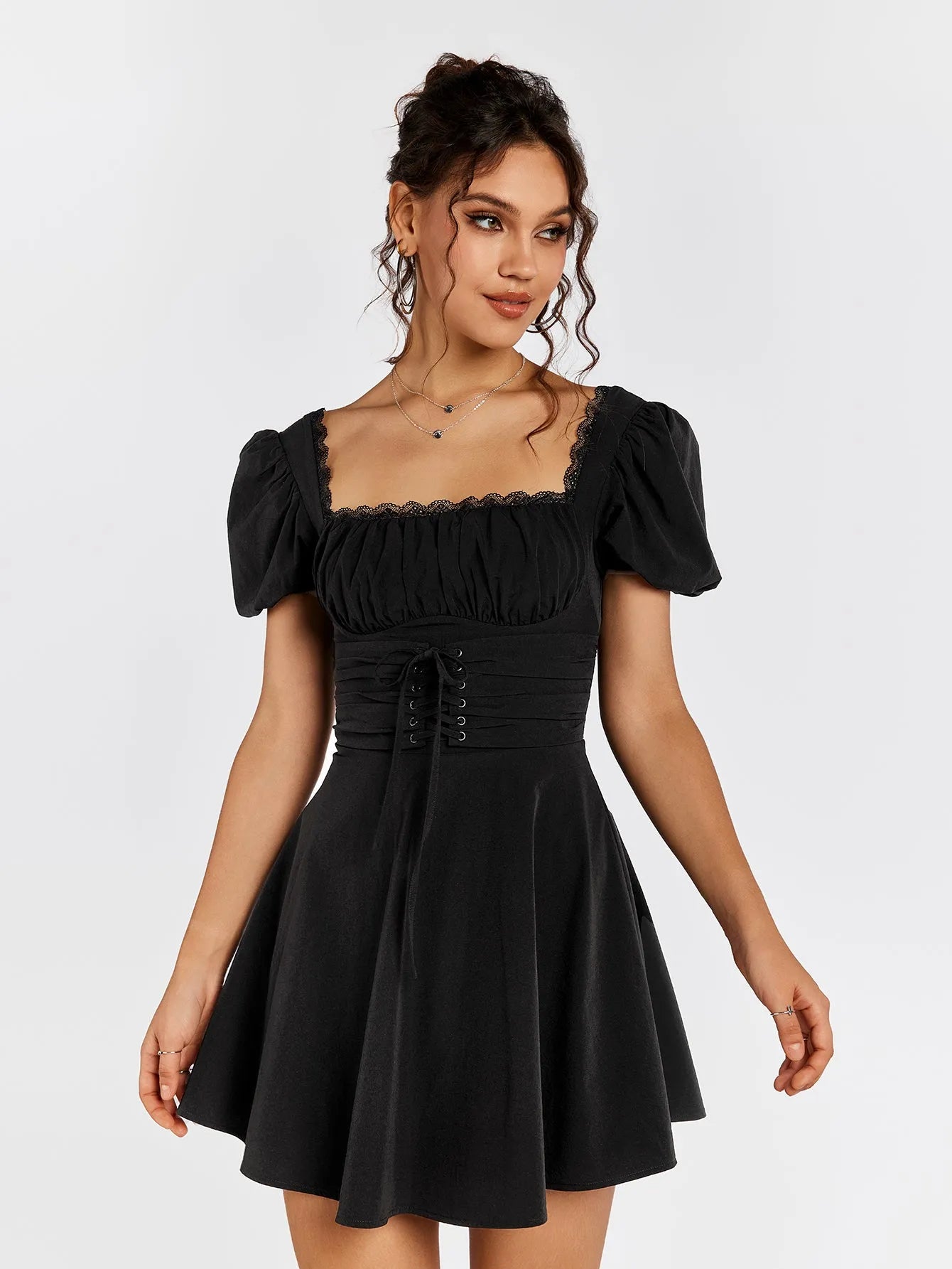 Gothic A-Line Square Neck Puff Sleeve Open Back Mini Homecoming Dresses