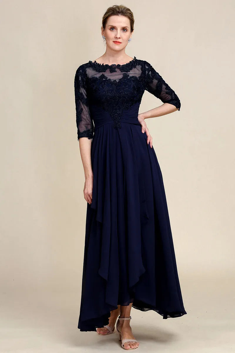 Graceful A-Line Illusion Neck Half Sleeve Keyhole-Back Hi-Lo Mother of the Bride Dresses
