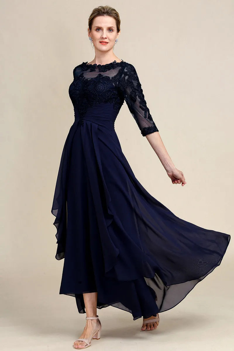 Graceful A-Line Illusion Neck Half Sleeve Keyhole-Back Hi-Lo Mother of the Bride Dresses