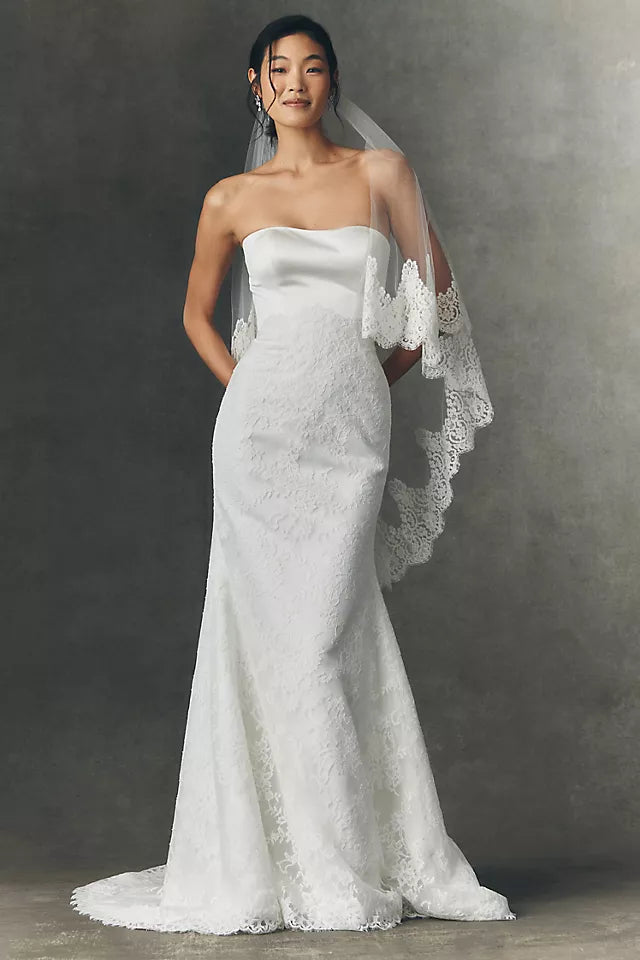 Lace Mermaid Strapless Neck Sleeveless Button-Back Chapel-Train Wedding Dresses