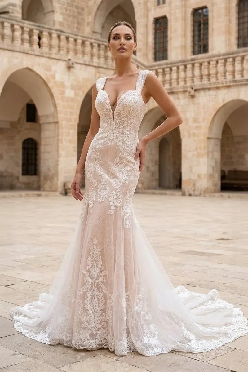 Lace Mermaid V-Neck Sleeveless Lace-Back Chapel-Train Wedding Dresses