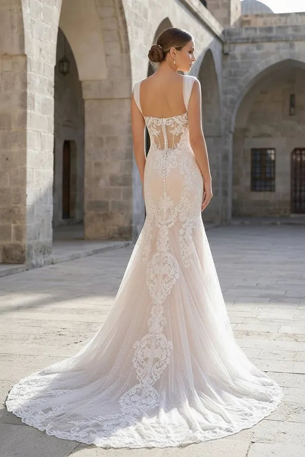 Lace Mermaid V-Neck Sleeveless Lace-Back Chapel-Train Wedding Dresses