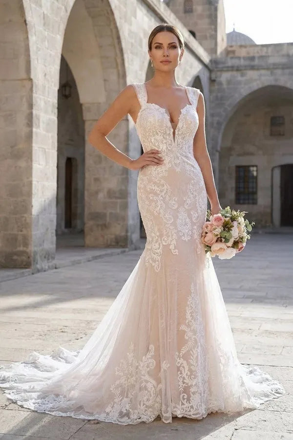 Lace Mermaid V-Neck Sleeveless Lace-Back Chapel-Train Wedding Dresses