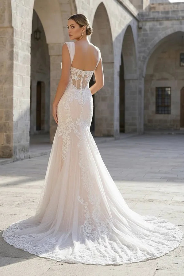 Lace Mermaid V-Neck Sleeveless Lace-Back Chapel-Train Wedding Dresses