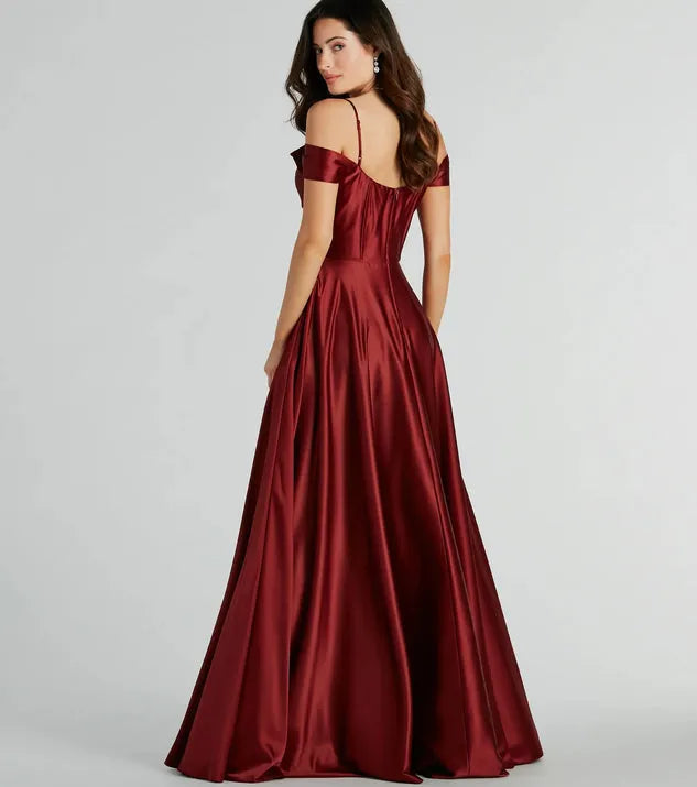 Luxe A-Line Off-Shoulder Short-Sleeve Zip-Back Floor-Length Prom Dresses