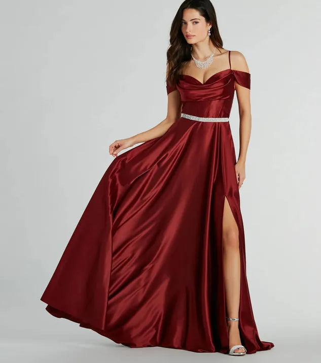 Luxe A-Line Off-Shoulder Short-Sleeve Zip-Back Floor-Length Prom Dresses