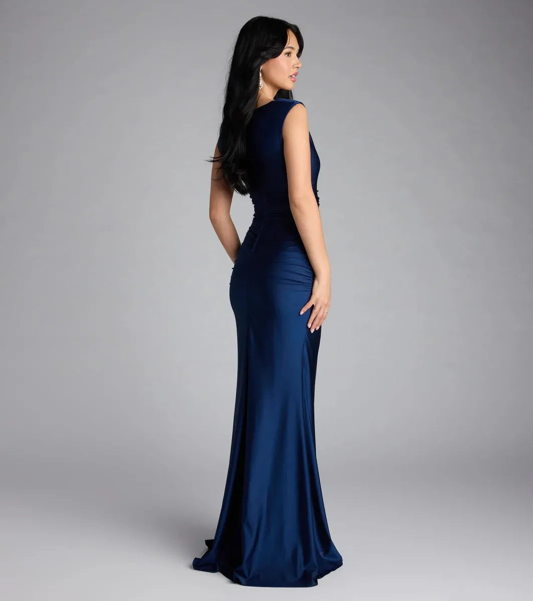 Luxe Mermaid Cowl-Neck Sleeveless Zip-Back Floor-Length Prom Dresses