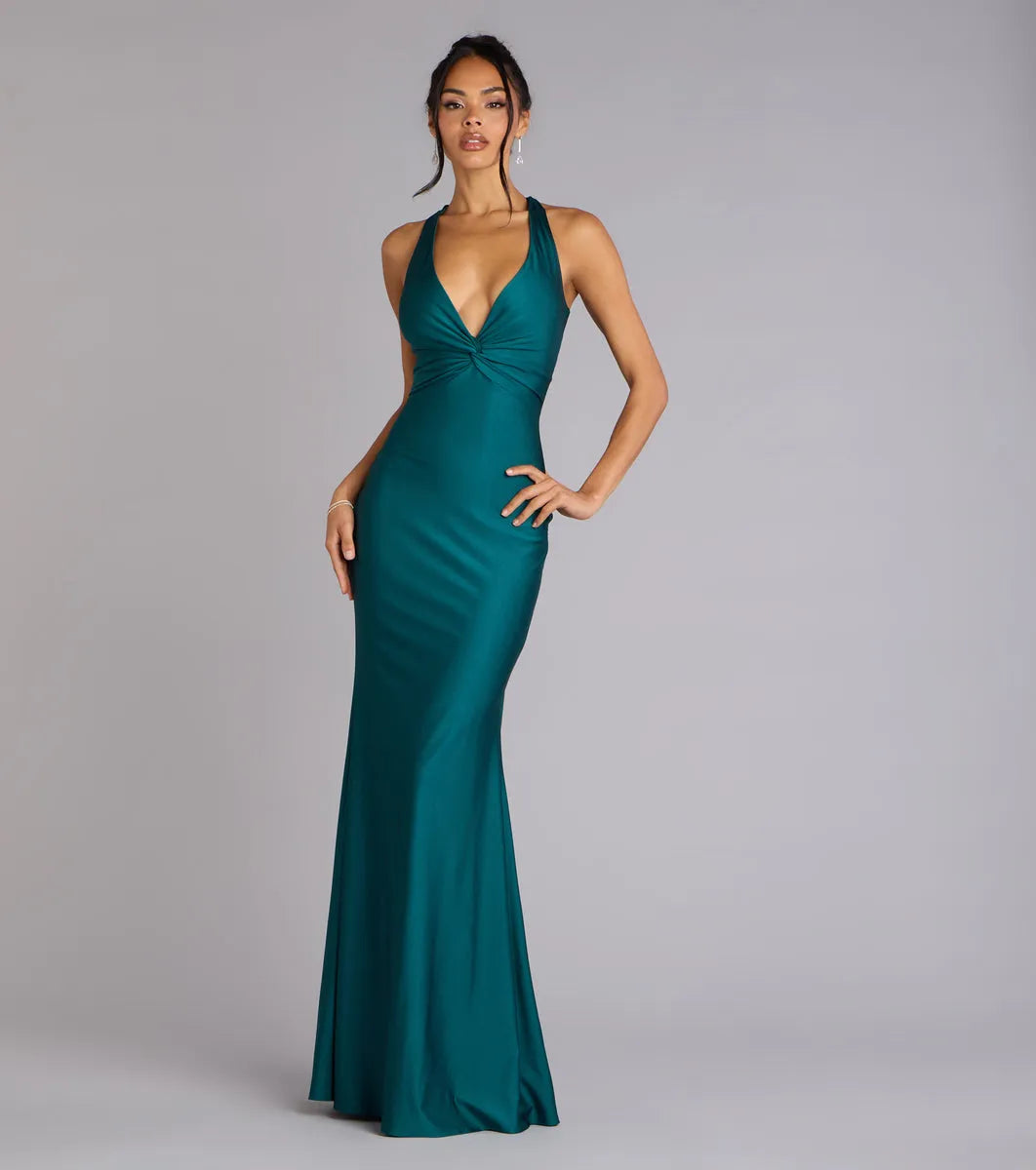 Luxe Mermaid Halter Sleeveless Tie-Back Floor-Length Prom Dresses