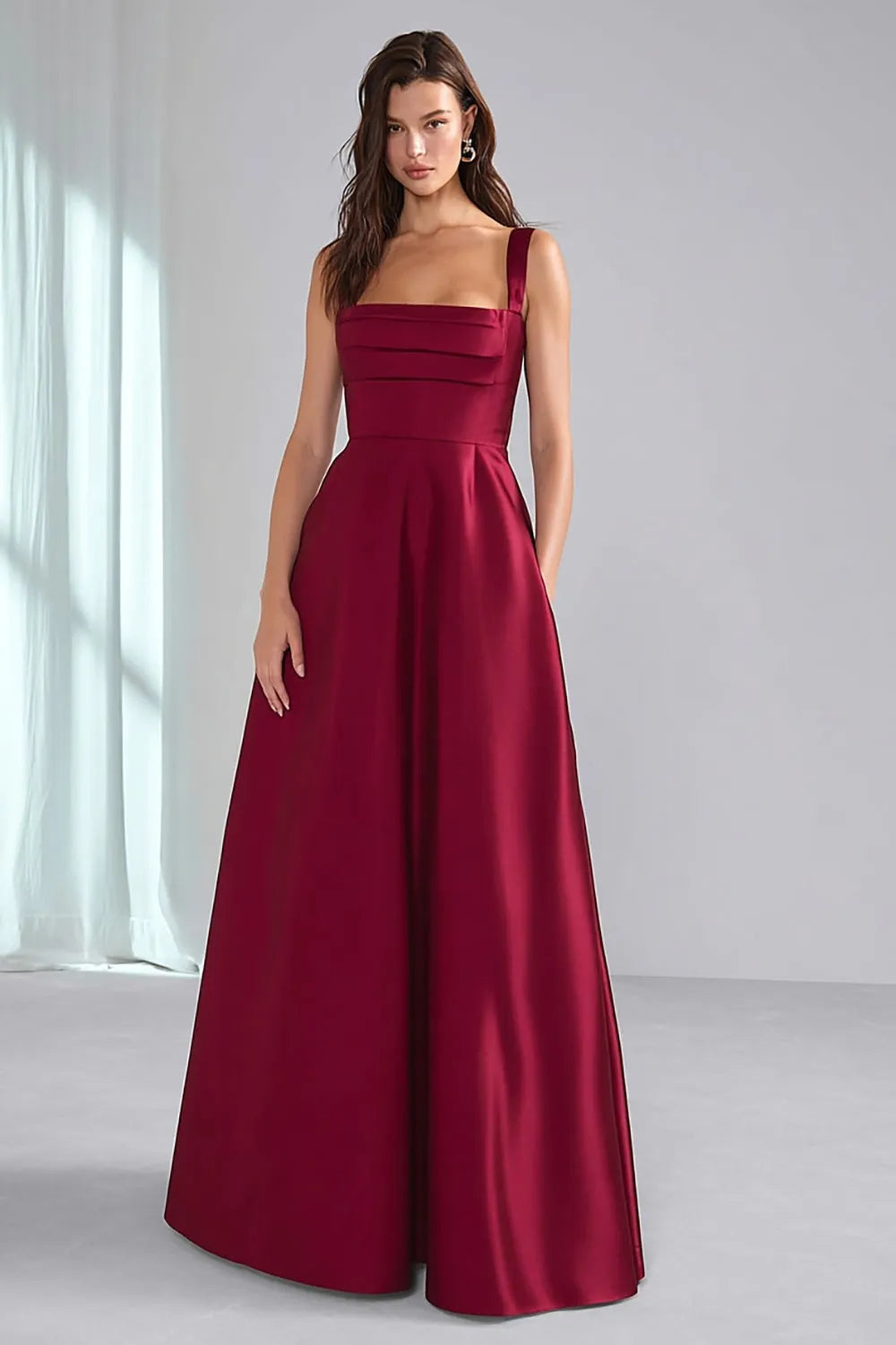 Luxurious A-Line Square Neck Wide-Strap Zip Back Long Bridesmaid Dresses