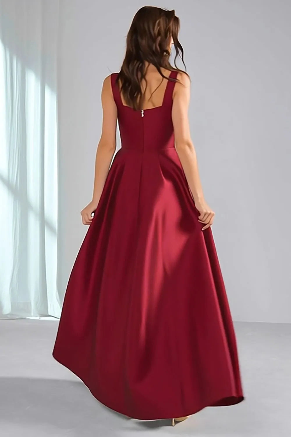 Luxurious A-Line Square Neck Wide-Strap Zip Back Long Bridesmaid Dresses