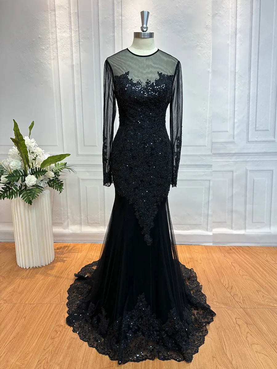 Luxurious Mermaid Crew Neck Long-Sleeve Sheer Back Train-Length Evening Dresses