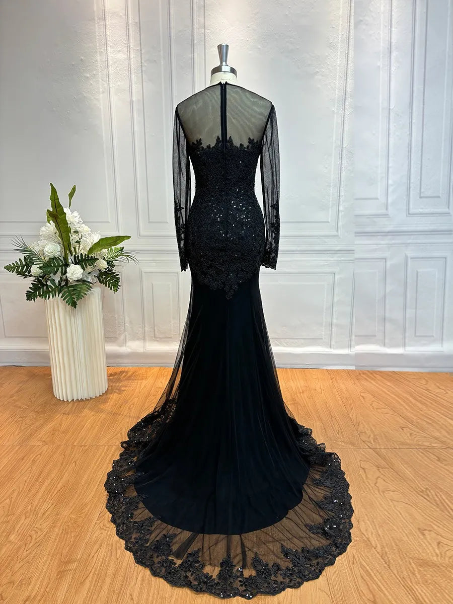 Luxurious Mermaid Crew Neck Long-Sleeve Sheer Back Train-Length Evening Dresses