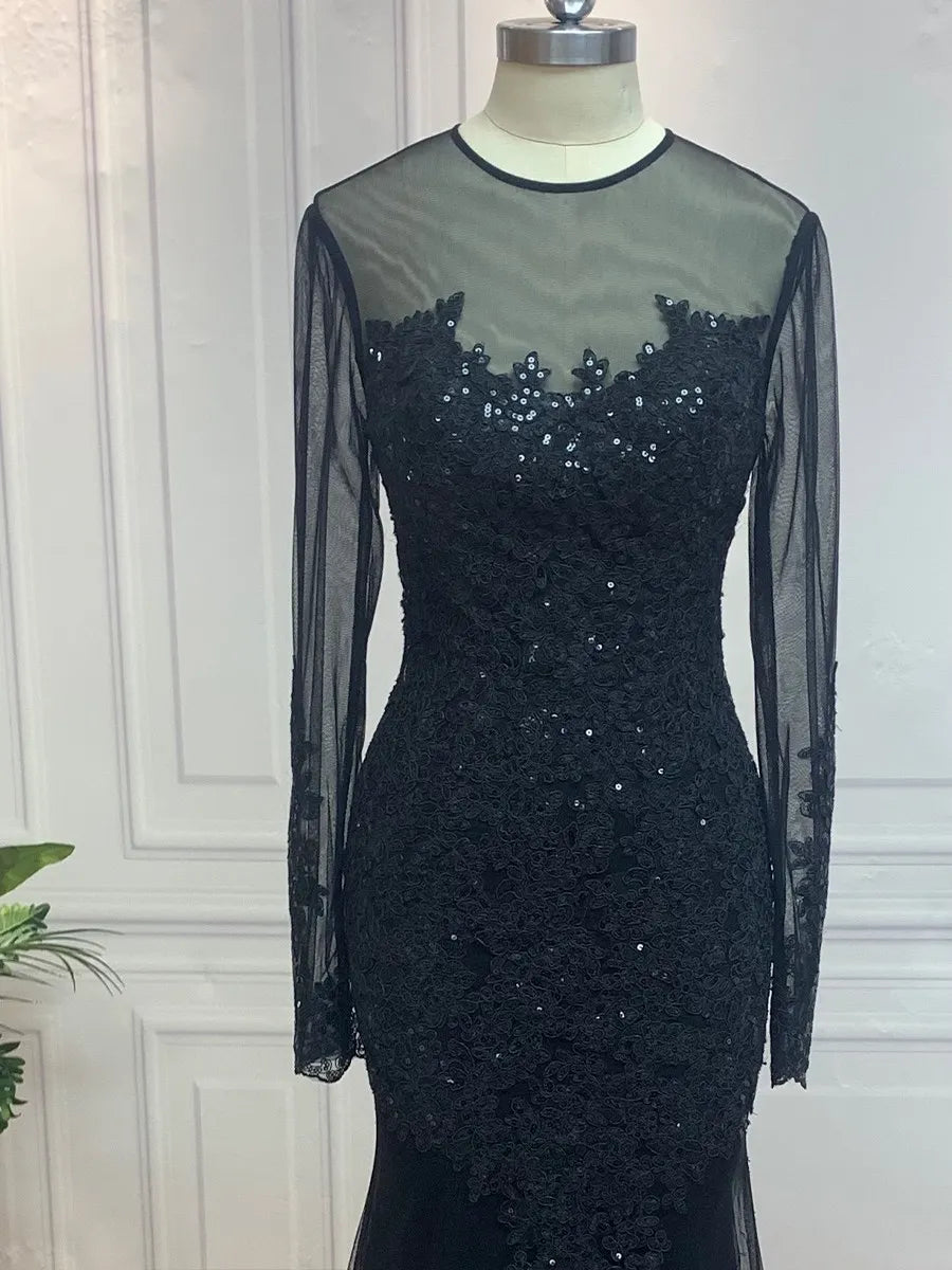 Luxurious Mermaid Crew Neck Long-Sleeve Sheer Back Train-Length Evening Dresses