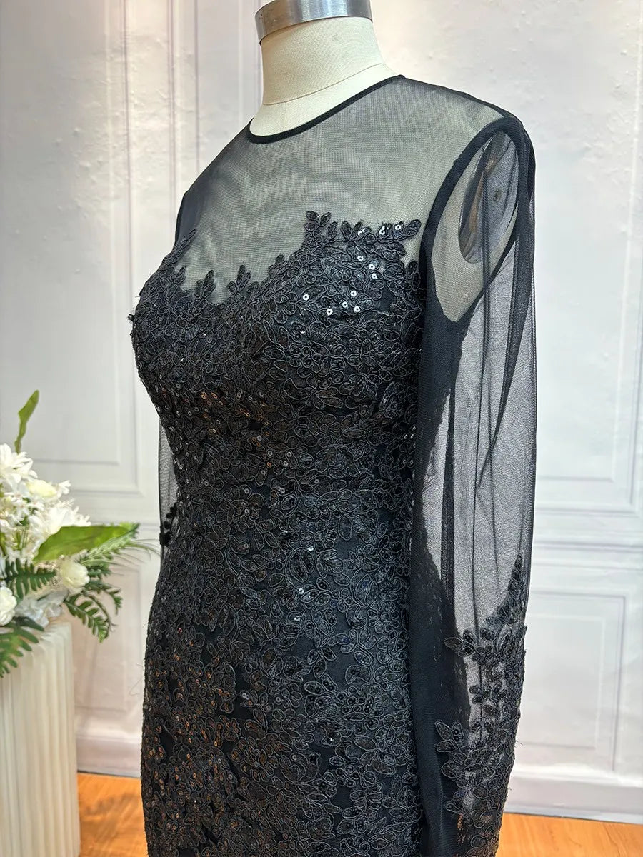 Luxurious Mermaid Crew Neck Long-Sleeve Sheer Back Train-Length Evening Dresses