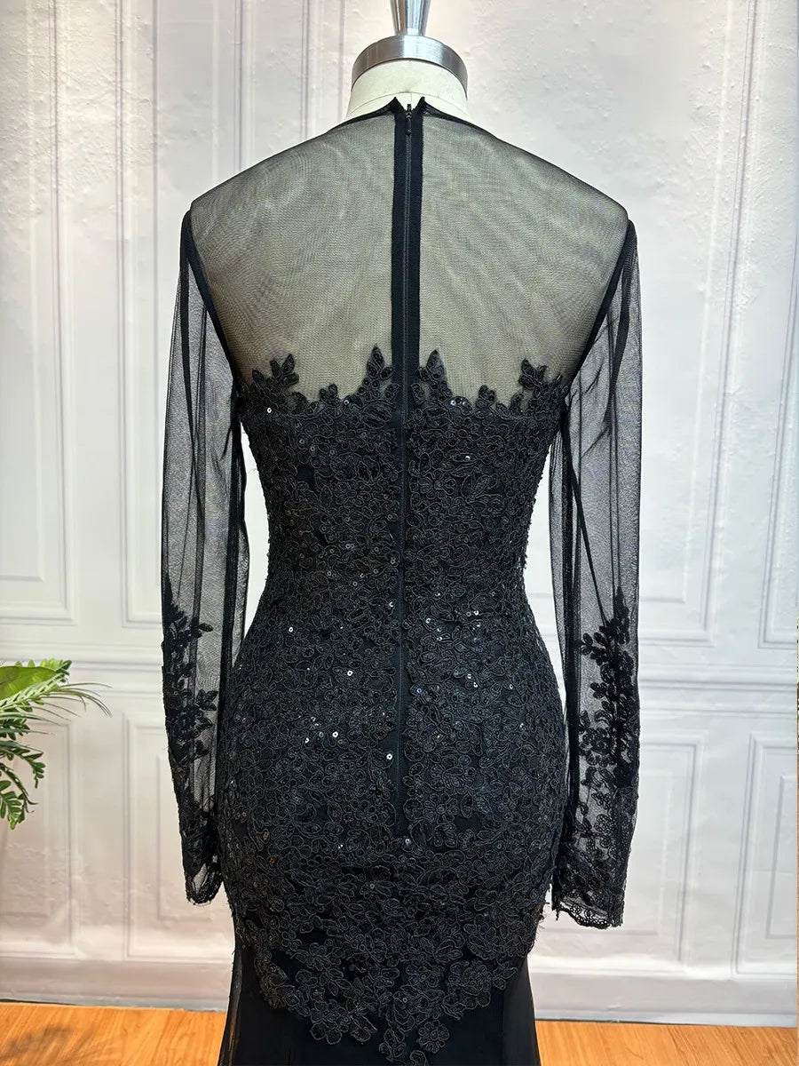 Luxurious Mermaid Crew Neck Long-Sleeve Sheer Back Train-Length Evening Dresses