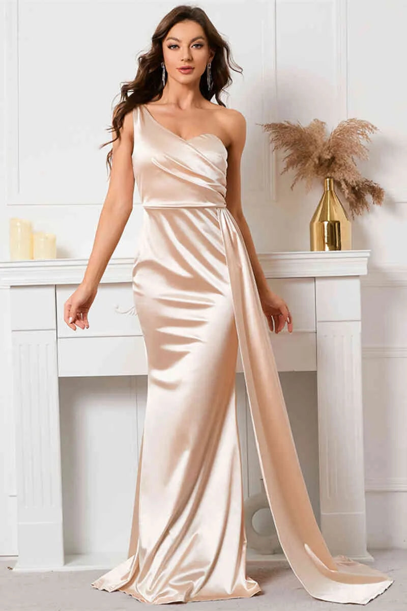 Luxurious Mermaid One-Shoulder Sleeveless Drape Back Train-Length Evening Dresses