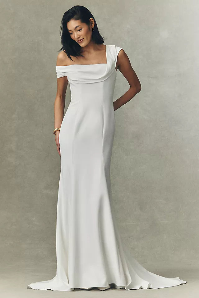 Modern Mermaid Asymmetric Neck Sleeveless Button-Back Chapel-Train Wedding Dresses