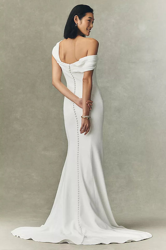 Modern Mermaid Asymmetric Neck Sleeveless Button-Back Chapel-Train Wedding Dresses