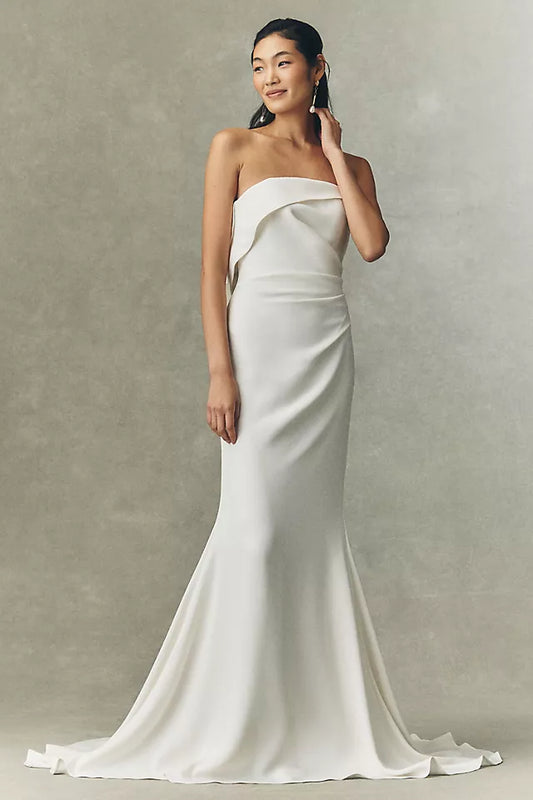 Modern Mermaid Strapless Neck Sleeveless Ruffle-Back Chapel-Train Wedding Dresses