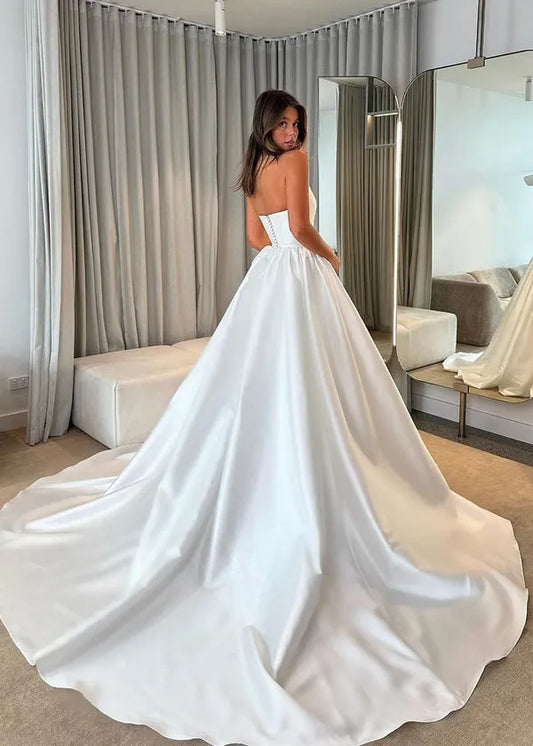 Regal Ball-Gown Sweetheart Neck Sleeveless Open-Back Cathedral-Train Wedding Dresses