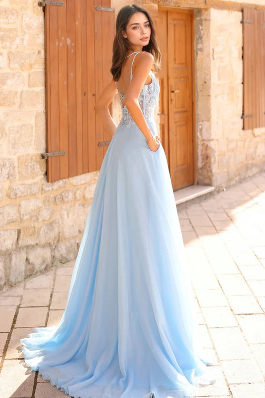 Romantic A-Line Deep V Neck Spaghetti Strap Lace Detail Zipper Back Long Prom Dresses