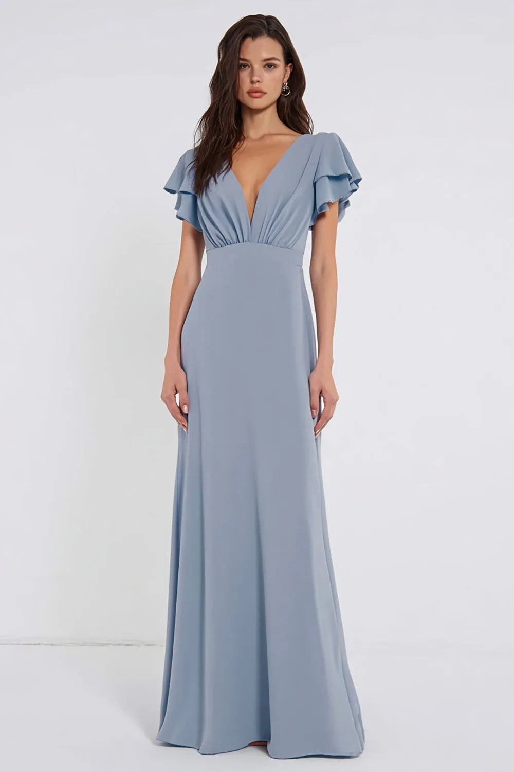 Romantic A-Line Deep V Ruffle-Sleeve Keyhole Back Long Bridesmaid Dresses