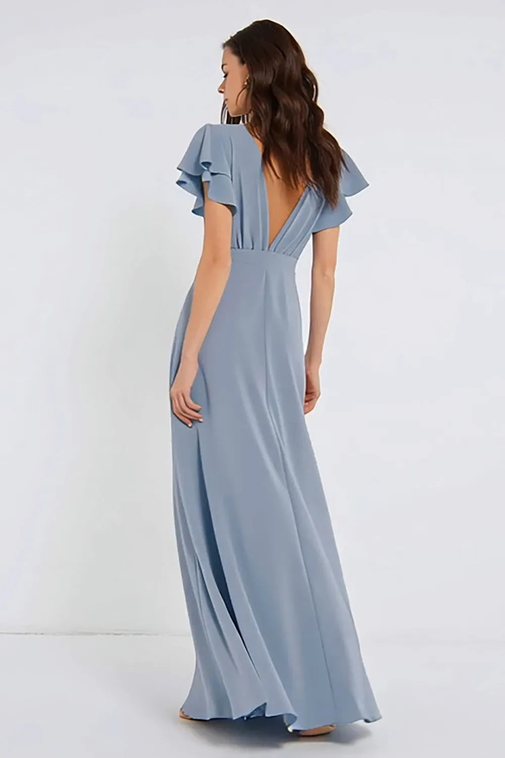 Romantic A-Line Deep V Ruffle-Sleeve Keyhole Back Long Bridesmaid Dresses