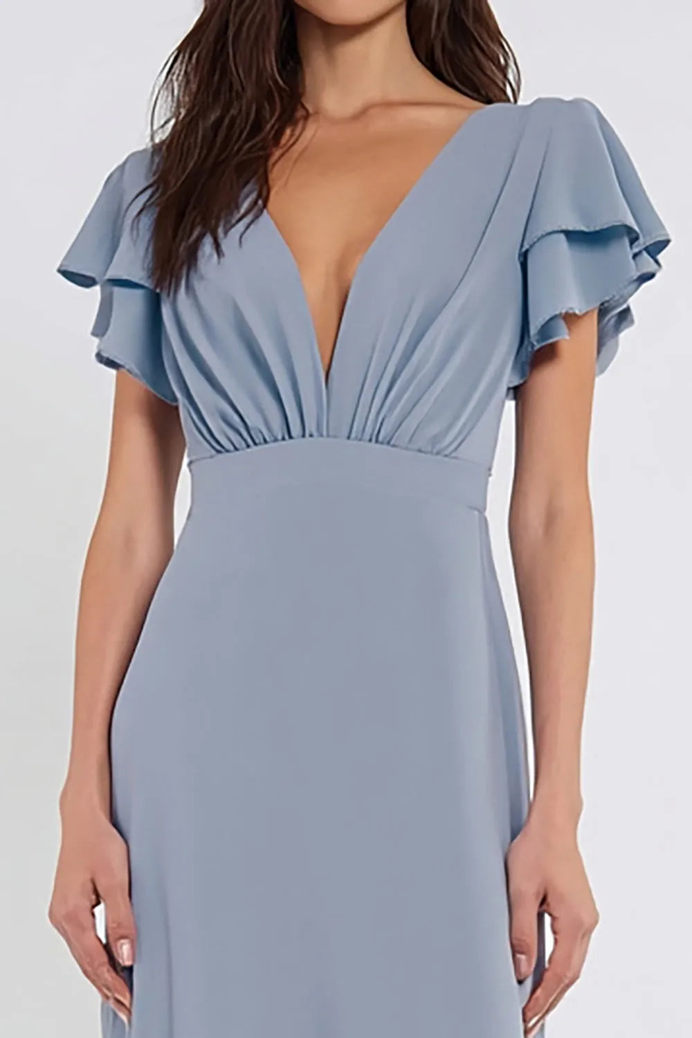 Romantic A-Line Deep V Ruffle-Sleeve Keyhole Back Long Bridesmaid Dresses