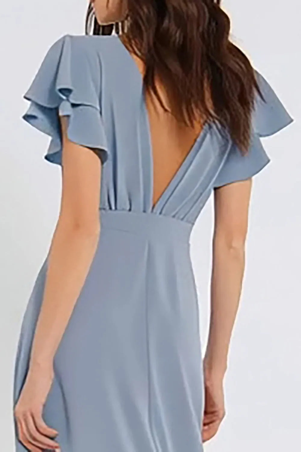 Romantic A-Line Deep V Ruffle-Sleeve Keyhole Back Long Bridesmaid Dresses
